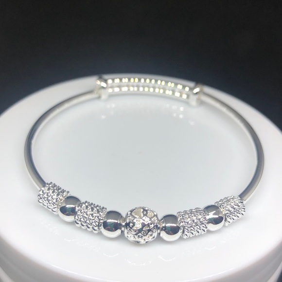 Silver Beaded Bangle Bracelet - Picture 3 of 12